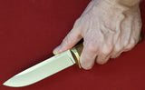 # B-011. Hunting knife. 5.0". D2. 62 HRC. Bronze. Shedua wood.