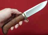 # B-012. Hunting knife. 5.0". D2. 62 HRC. Bronze. Roasted Bird's Eye Maple.