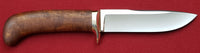 # B-012. Hunting knife. 5.0". D2. 62 HRC. Bronze. Roasted Bird's Eye Maple.