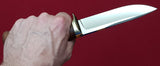 # B-012. Hunting knife. 5.0". D2. 62 HRC. Bronze. Roasted Bird's Eye Maple.