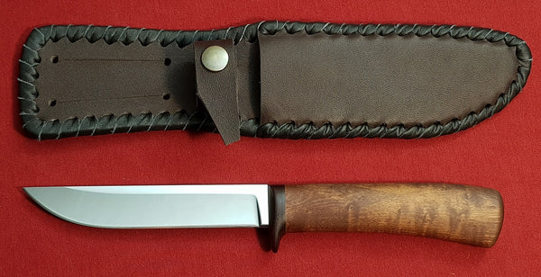 # B-022. Hunting knife. 5.3". D2. 62 HRC. Micarta. Roasted Bird's Eye Maple.