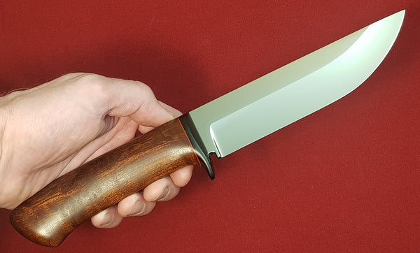 # B-033. Hunting knife. 6.5". D2. 62 HRC. G10 Guard. Roasted Bird's Eye Maple.