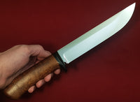 # B-034. Hunting knife. 8.5". D2. 62 HRC. Micarta Guard. Roasted Bird's Eye Maple.