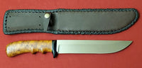 # B-035. Hunting knife. 8.5". D2. 62 HRC. Micarta Guard. Roasted Bird's Eye Maple.