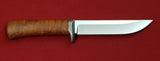 # B-039. Hunting knife. 5.2". 440C. 60 HRC. Hard Aluminum Guard. Roasted Bird's Eye Maple.