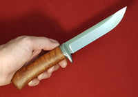 # B-039. Hunting knife. 5.2". 440C. 60 HRC. Hard Aluminum Guard. Roasted Bird's Eye Maple.