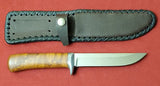 # B-039. Hunting knife. 5.2". 440C. 60 HRC. Hard Aluminum Guard. Roasted Bird's Eye Maple.